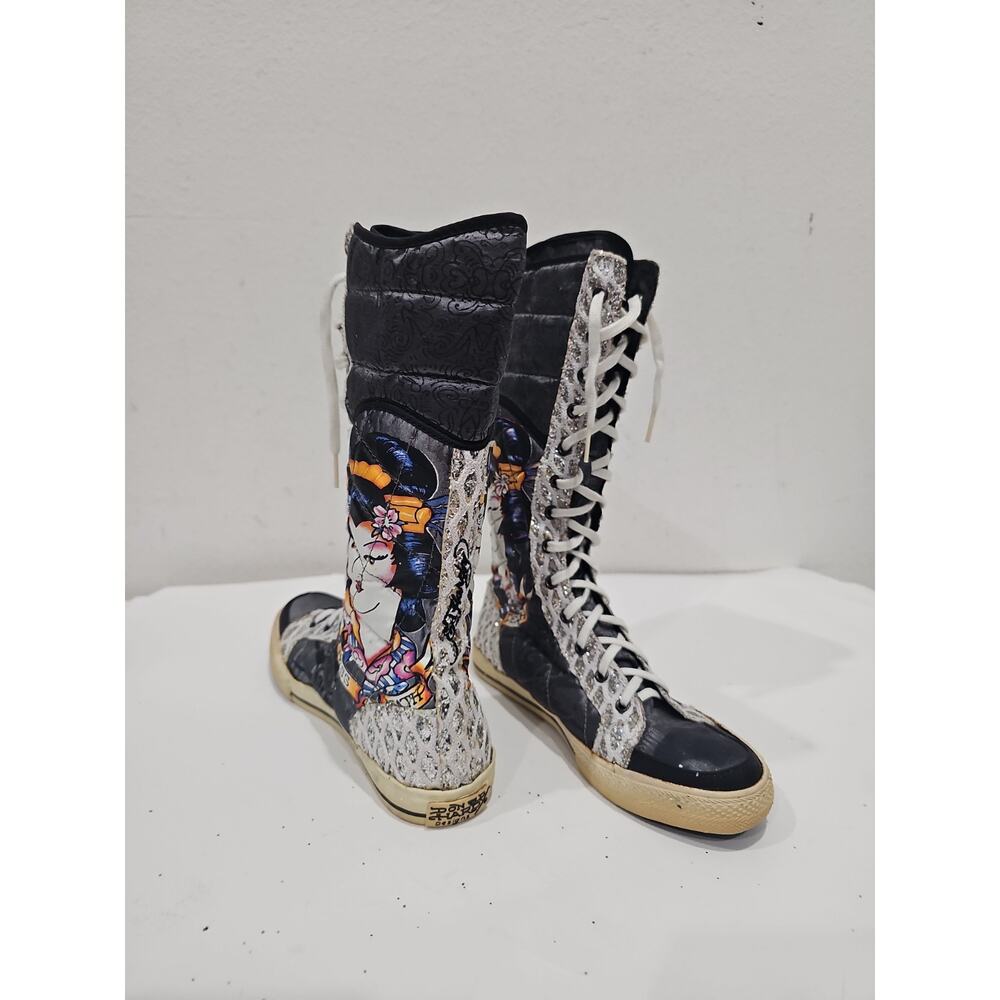 Ed Hardy Hi Top Sneakers Size 7 Japanese Print - Picture 11 of 12